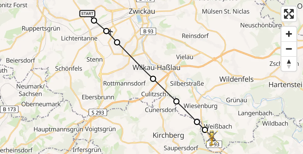 Flugroute Rettungshubschrauber ADAC Air Rescue Station Zwickau Hubschrauberlandeplatz - Langenweißbach, 08 Mai 2026, 12:47