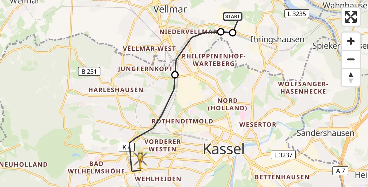 Flugroute Rettungshubschrauber Fuldatal Bundespolizei Hubschrauberlandeplatz - Kassel, 08 Mai 2026, 12:50
