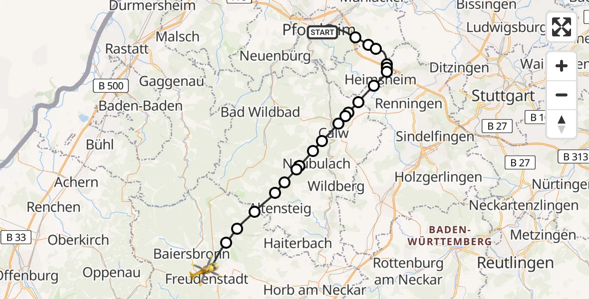 Flugroute Rettungshubschrauber Pforzheim - Freudenstadt, 08 Mai 2026, 12:53