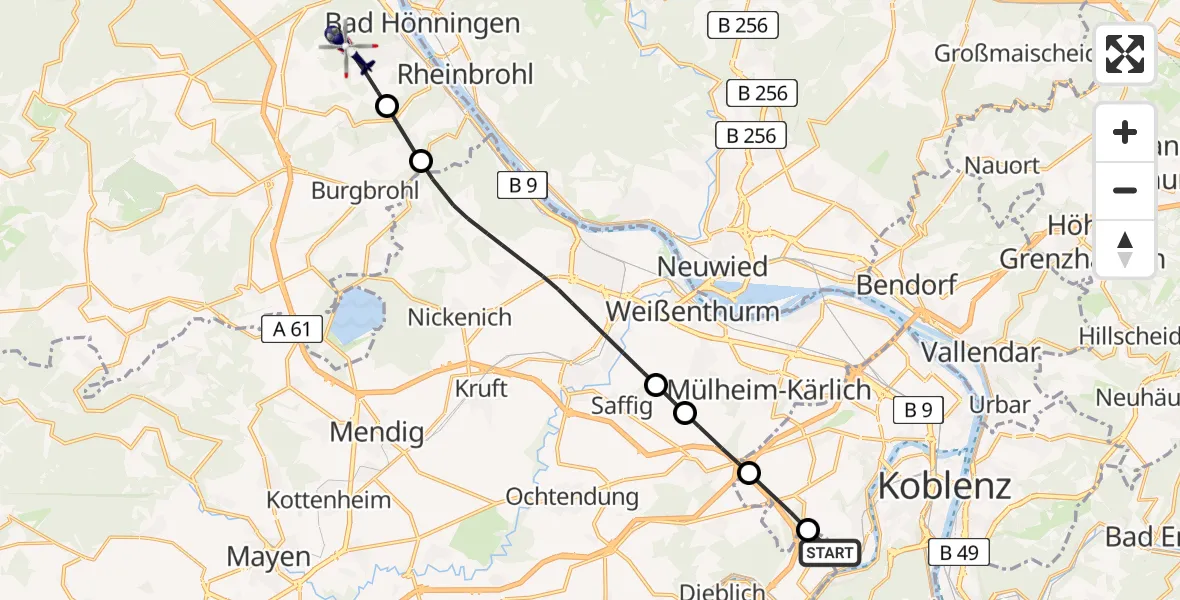 Flugroute Polizeihubschrauber Winningen - Bad Breisig, 08 Mai 2026, 12:56