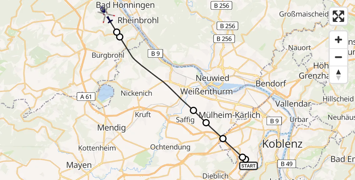 Flugroute Polizeihubschrauber Koblenz-Winningen Flugplatz - Bad Breisig, 08 Mai 2026, 12:56