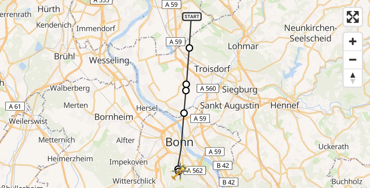 Flugroute Ambulanzhubschrauber Köln Bonn Flughafen - Bonn University Hospital, 08 Mai 2026, 13:02