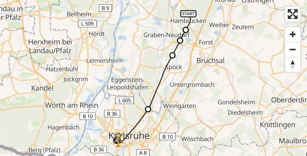 Flugroute Rettungshubschrauber Hambrücken - Sankt Vincentius Hospital, 08 Mai 2026, 13:04