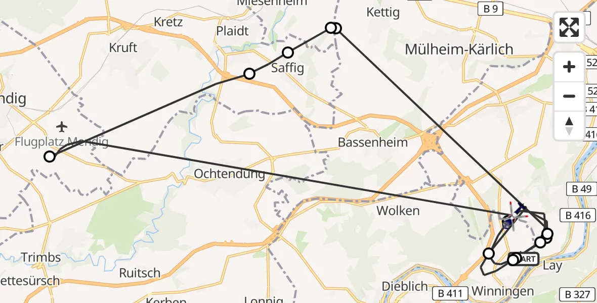 Flugroute Polizeihubschrauber Koblenz-Winningen Flugplatz - Koblenz, 08 Mai 2026, 13:10