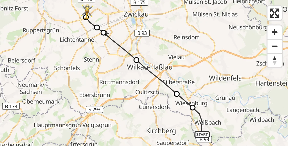 Flugroute Rettungshubschrauber Langenweißbach - ADAC Air Rescue Station Zwickau Hubschrauberlandeplatz, 08 Mai 2026, 13:12