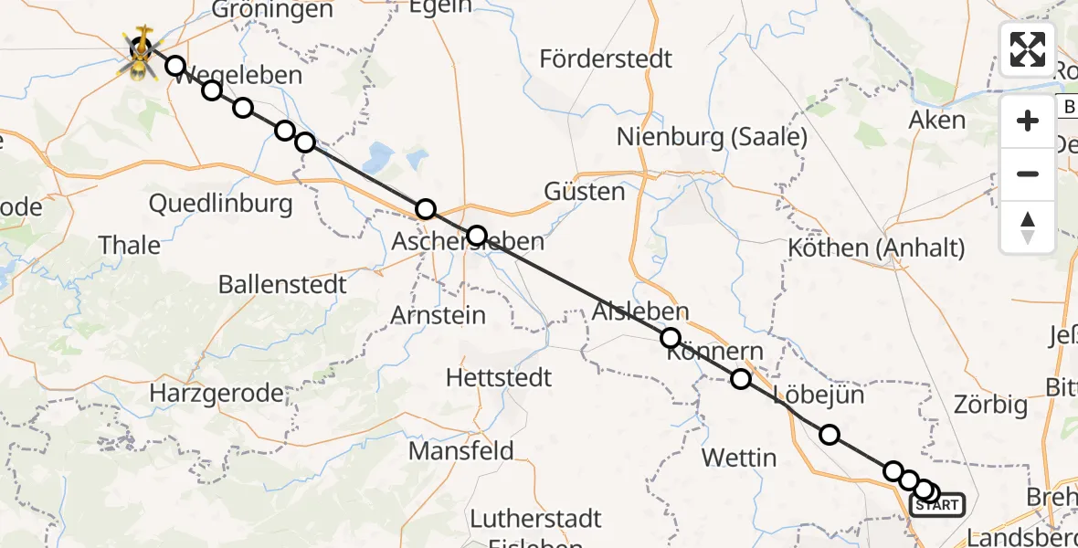 Flugroute Rettungshubschrauber Halle-Oppin Flugplatz - AMEOS Hospital Sankt Salvator Halberstadt, 08 Mai 2026, 13:14