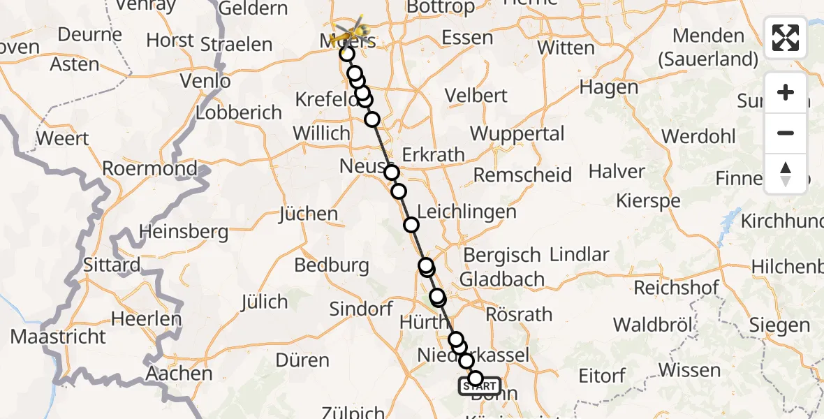 Flugroute Ambulanzhubschrauber Bonn - Moers, 08 Mai 2026, 13:26