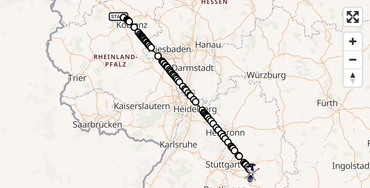 Flugroute Polizeihubschrauber Andernach - Göppingen, 08 Mai 2026, 13:26