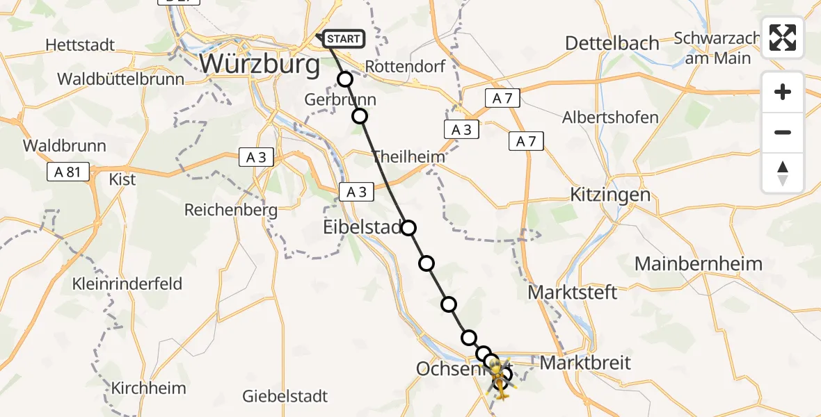 Flugroute Rettungshubschrauber Würzburg - Ochsenfurt Hospital, 08 Mai 2026, 13:30