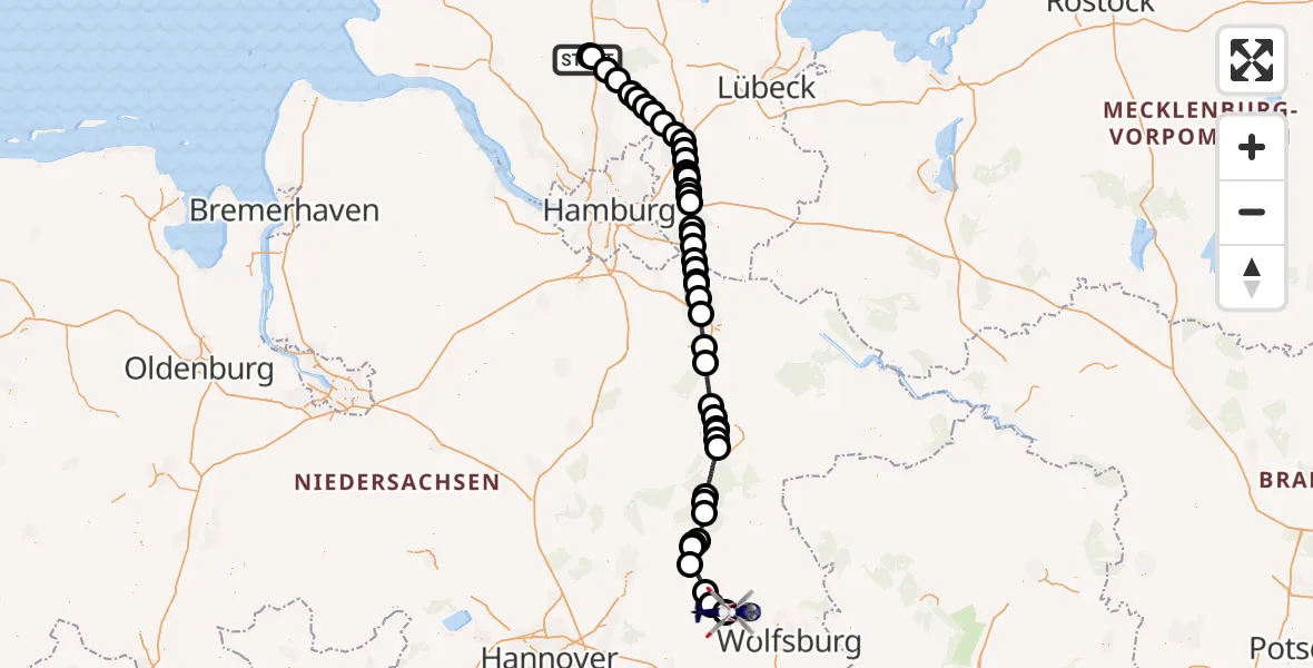 Flugroute Polizeihubschrauber Bad Bramstedt Hubschrauberlandeplatz - Gifhorn Bundespolizei Hubschrauberlandeplatz, 08 Mai 2026, 13:33