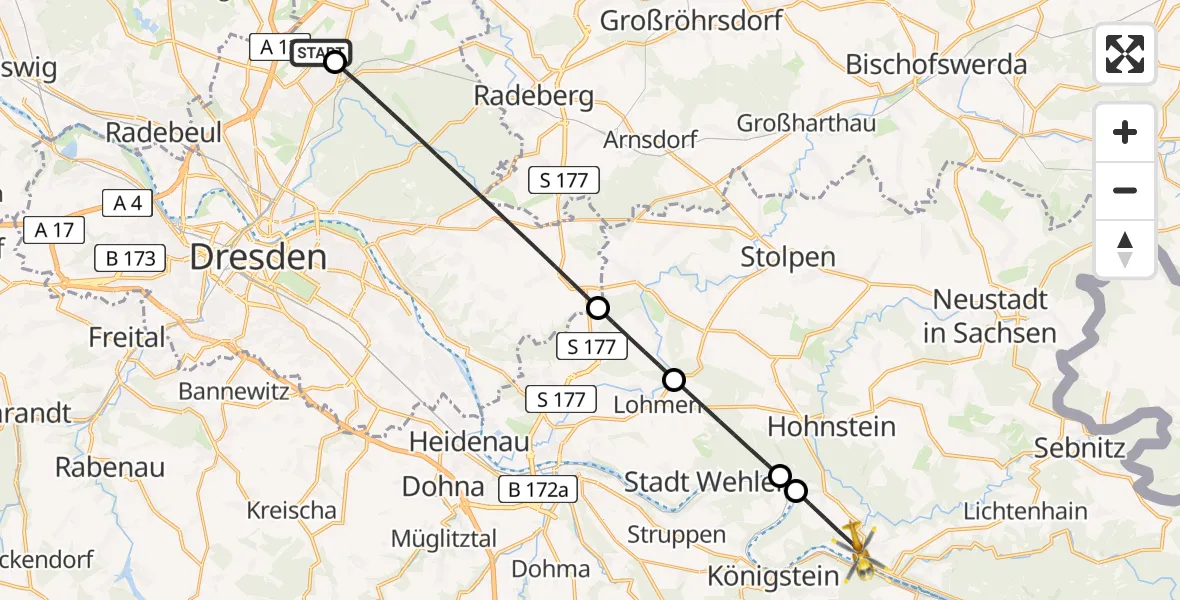 Flugroute Rettungshubschrauber Dresden Bundespolizei Hubschrauberlandeplatz - Bad Schandau, 08 Mai 2026, 13:39