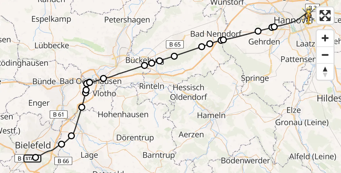 Flugroute Rettungshubschrauber Luftrettungszentrum Bielefeld - Hannover Luftrettung Hubschrauberlandeplatz (Christoph 4), 08 Mai 2026, 13:48