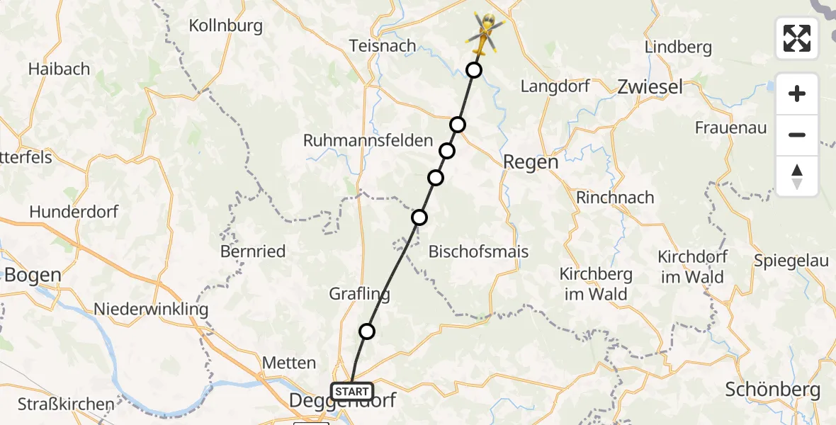 Flugroute Rettungshubschrauber Deggendorf - Bodenmais, 08 Mai 2026, 13:48