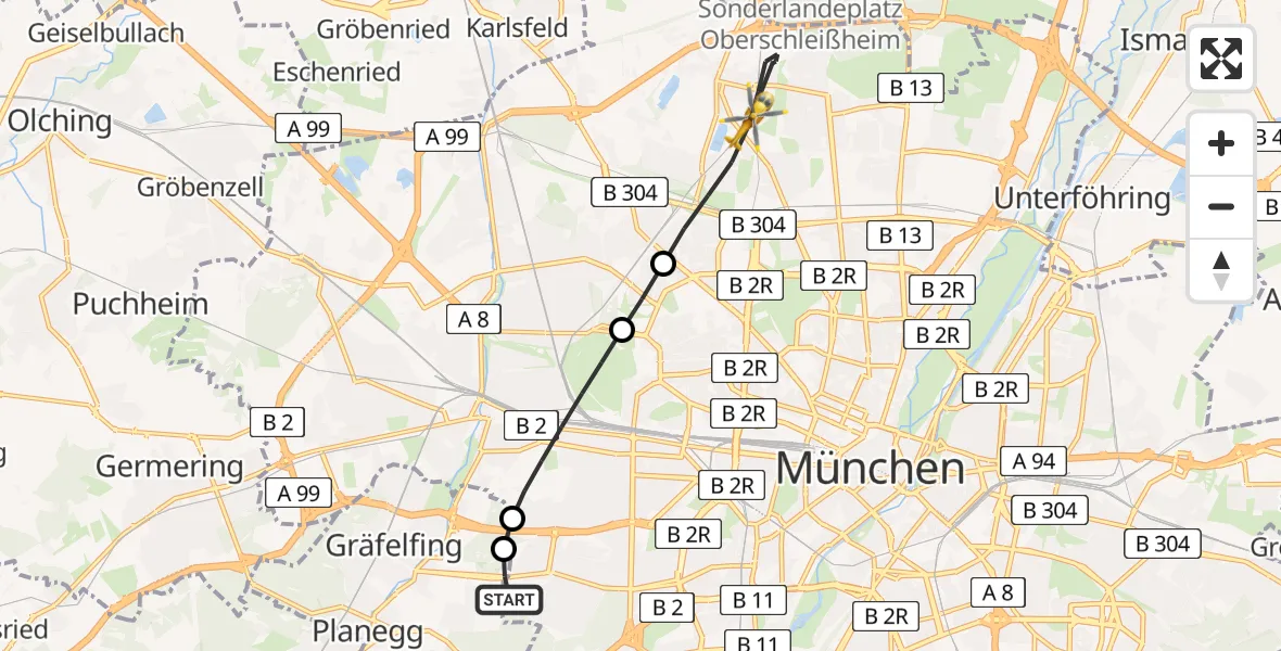 Flugroute Rettungshubschrauber DRF Air Rescue München Hubschrauberlandeplatz - München, 08 Mai 2026, 13:49