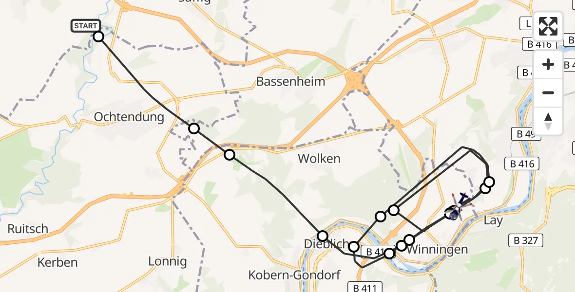 Flugroute Polizeihubschrauber Plaidt - Koblenz-Winningen Flugplatz, 08 Mai 2026, 13:53
