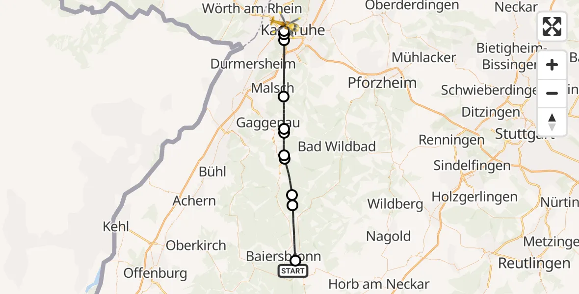 Flugroute Rettungshubschrauber Freudenstadt - Karlsruhe, 08 Mai 2026, 13:53