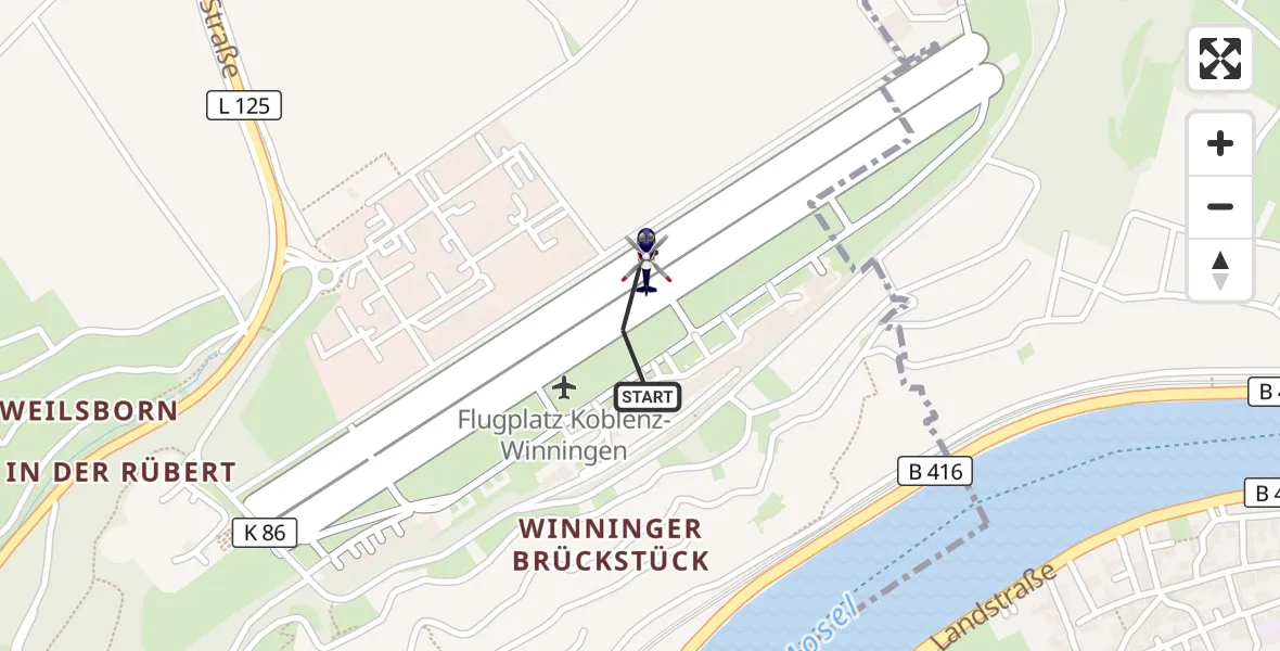 Flugroute Polizeihubschrauber Koblenz-Winningen Flugplatz - Koblenz-Winningen Flugplatz, 08 Mai 2026, 13:58