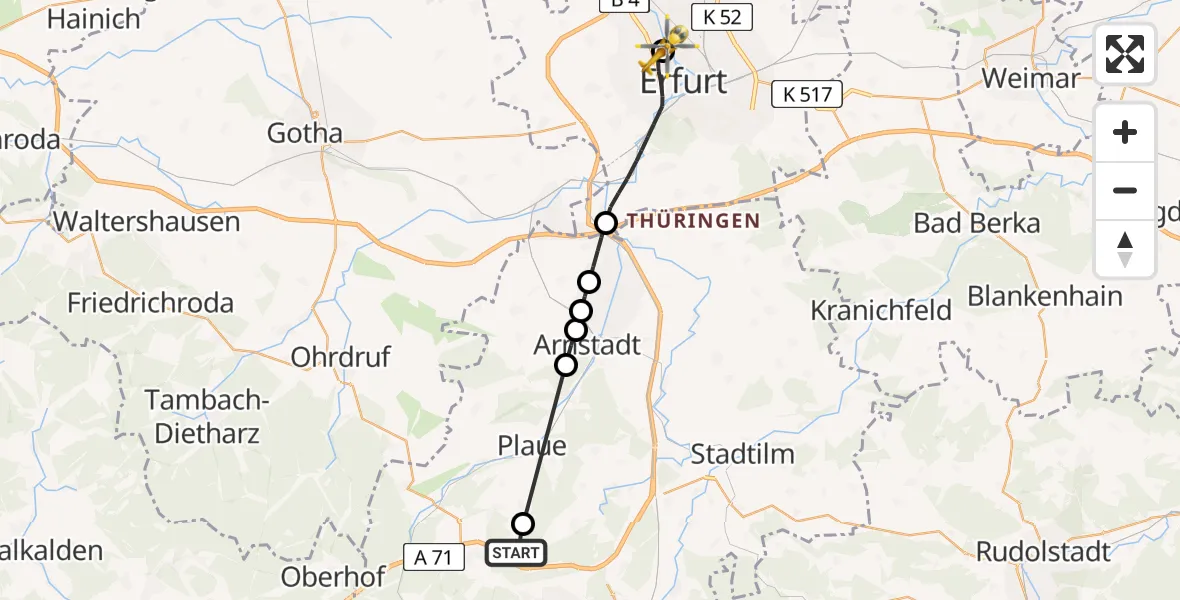 Flugroute Rettungshubschrauber Martinroda - Helios Clinic Erfurt, 08 Mai 2026, 14:07