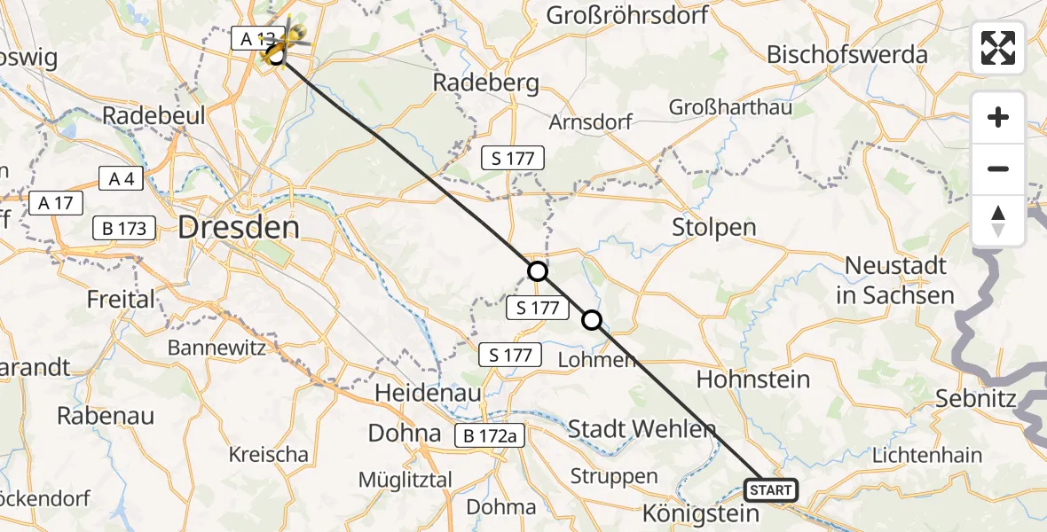 Flugroute Rettungshubschrauber Bad Schandau - Dresden Bundespolizei Hubschrauberlandeplatz, 08 Mai 2026, 14:07
