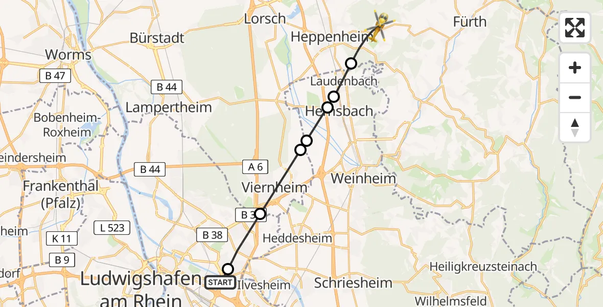 Flugroute Rettungshubschrauber Mannheim-City Flughafen - Heppenheim (Bergstraße), 08 Mai 2026, 14:11