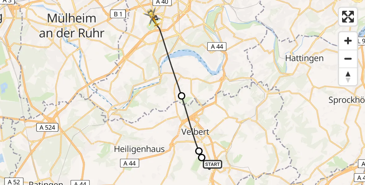 Flugroute Rettungshubschrauber Velbert - Essen, 08 Mai 2026, 14:14