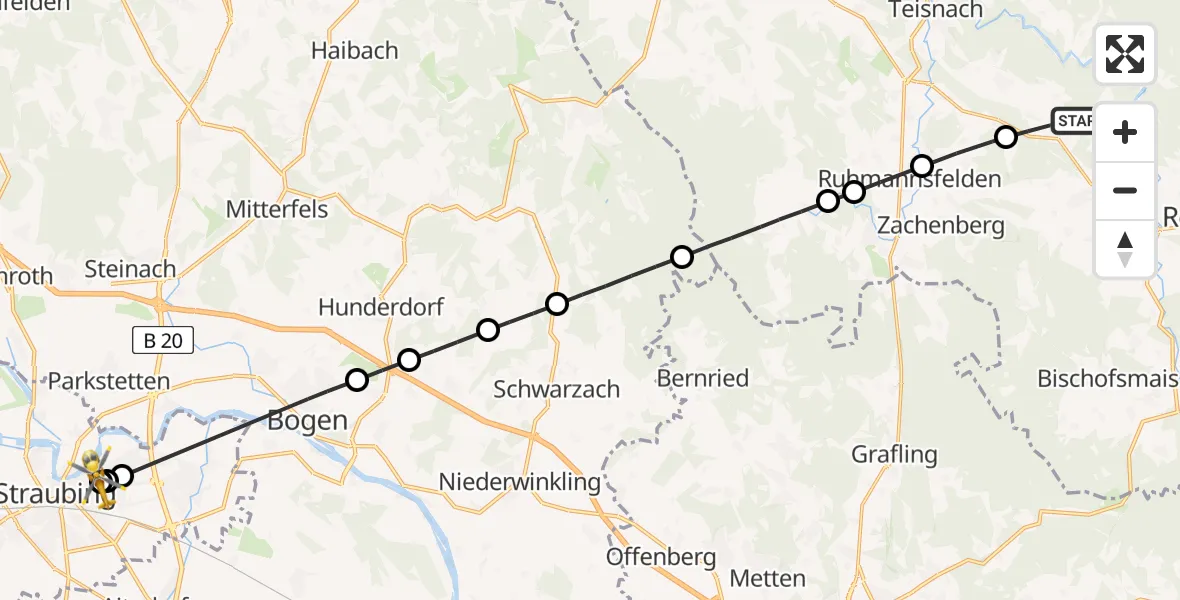 Flugroute Rettungshubschrauber Teisnach - Sankt Elisabeth Hospital Straubing, 08 Mai 2026, 14:21