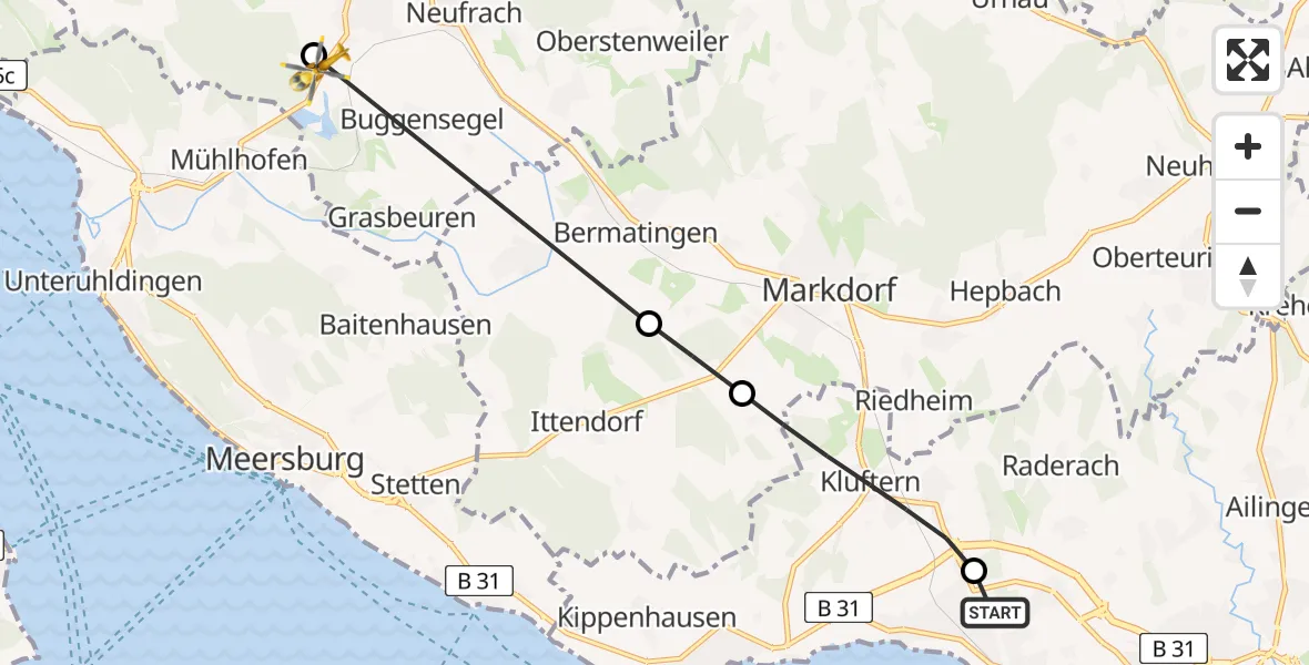 Flugroute Rettungshubschrauber Friedrichshafen Hospital - Salem, 08 Mai 2026, 14:26
