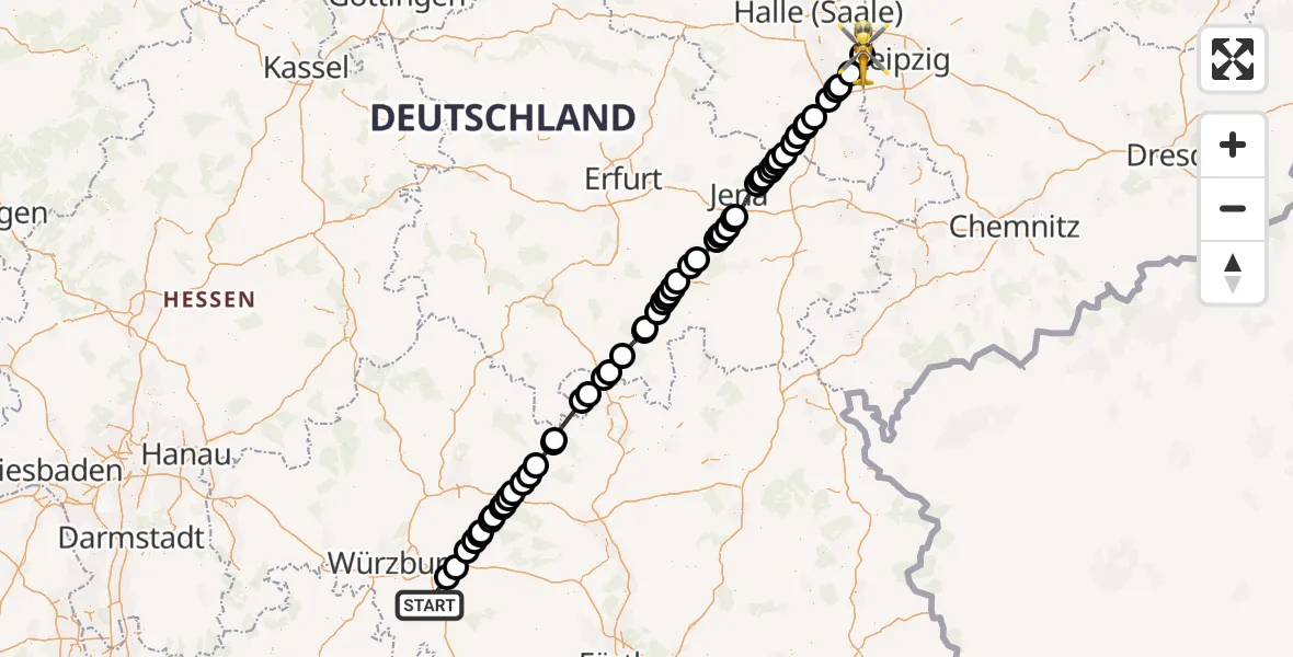 Flugroute Rettungshubschrauber Frickenhausen a.Main - ADAC Air Rescue Station Leipzig/Schkeuditz-Dölzig Hubschrauberlandeplatz (Christoph 61), 08 Mai 2026, 14:27