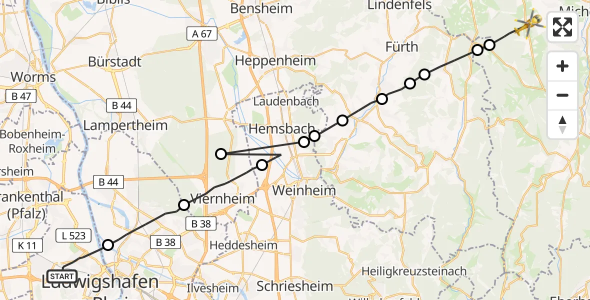 Flugroute Rettungshubschrauber Ludwigshafen am Rhein - Mossautal, 08 Mai 2026, 14:39