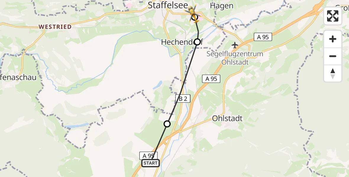 Flugroute Rettungshubschrauber Eschenlohe - Murnau Accident Hospital, 08 Mai 2026, 14:40