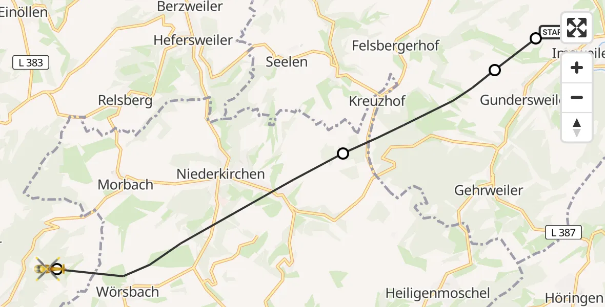 Flugroute Rettungshubschrauber Imsweiler UL - Kreimbach-Kaulbach, 08 Mai 2026, 14:49
