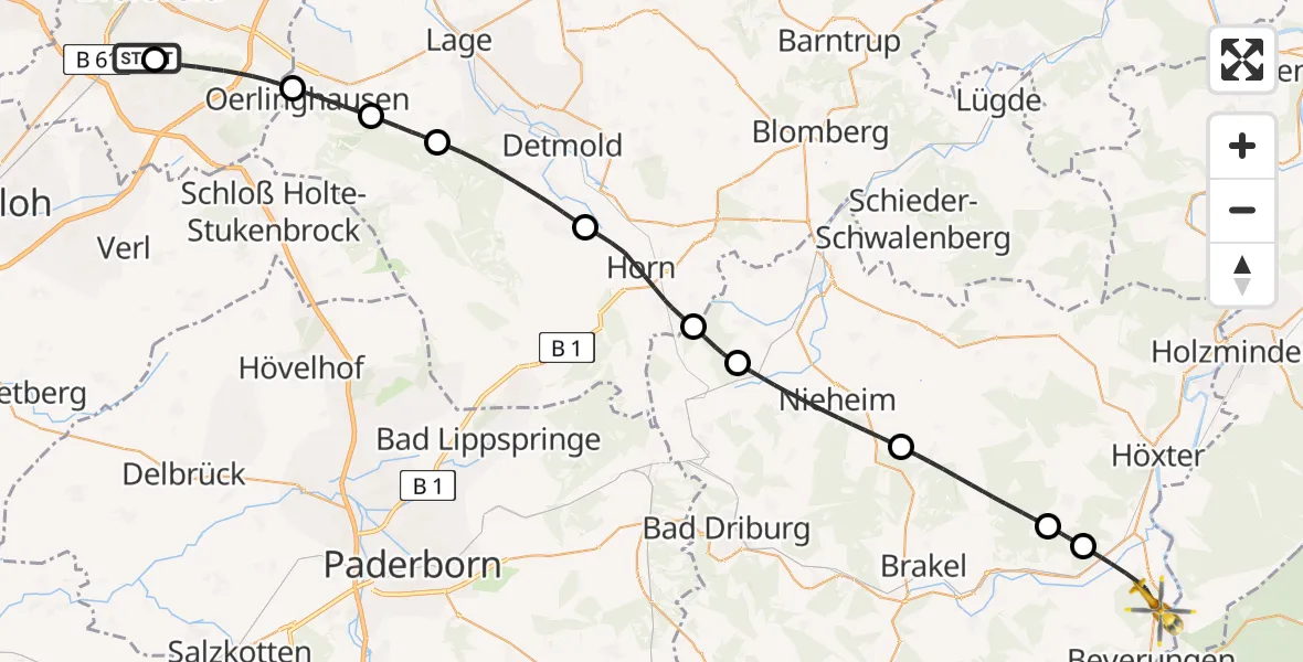 Flugroute Rettungshubschrauber Luftrettungszentrum Bielefeld - Beverungen, 08 Mai 2026, 14:51