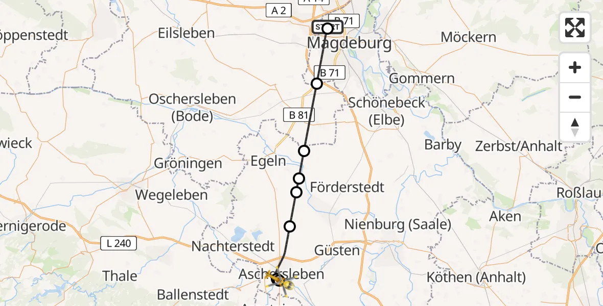 Flugroute Rettungshubschrauber Magdeburg Hospital - AMEOS Hospital Aschersleben, 08 Mai 2026, 14:55