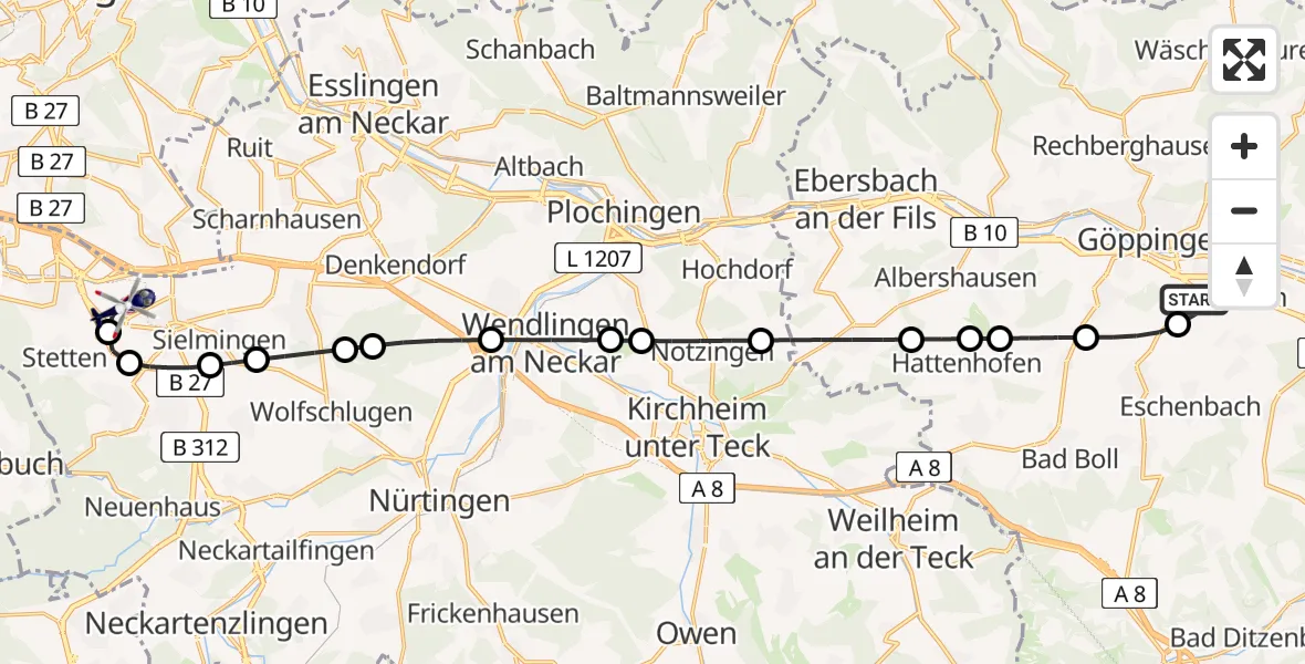 Flugroute Polizeihubschrauber Göppingen - Flughafen Stuttgart, 08 Mai 2026, 14:58