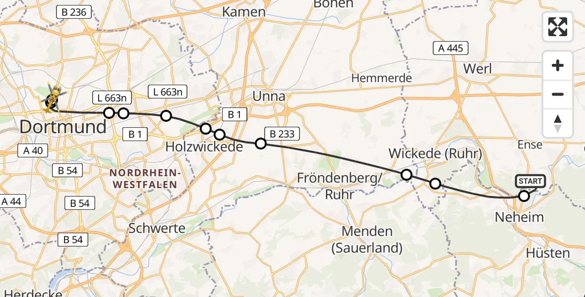 Flugroute Rettungshubschrauber Ense - Dortmund Hospital North, 08 Mai 2026, 14:59