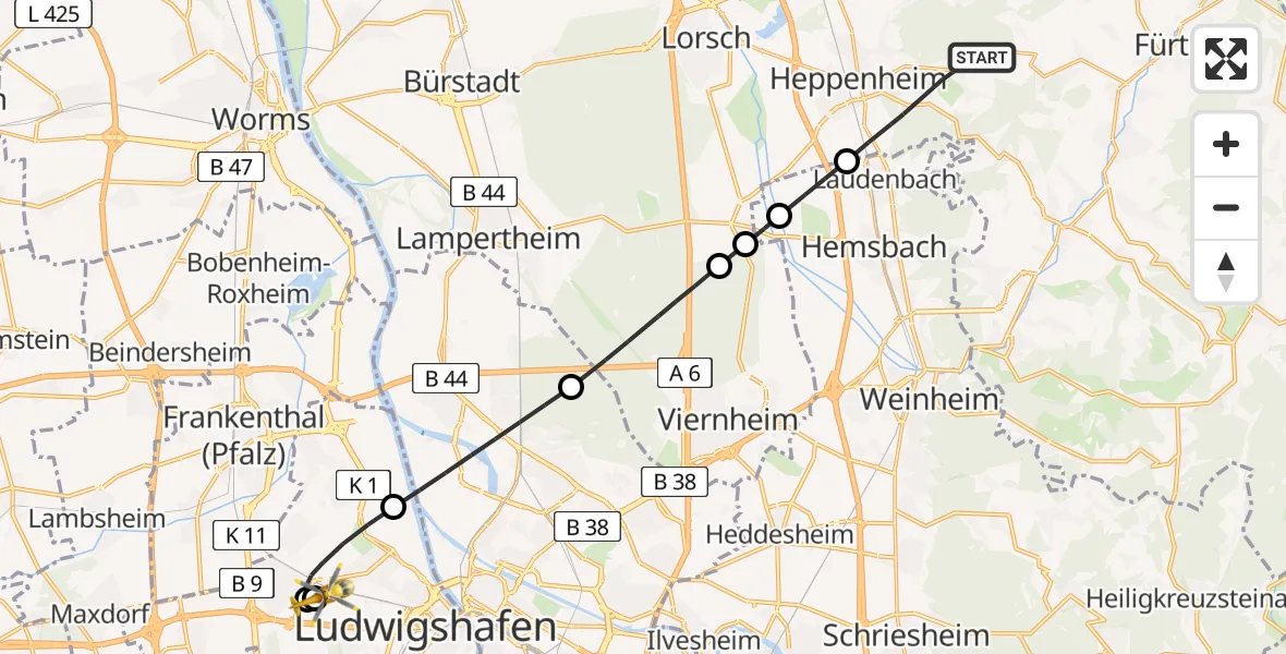 Flugroute Rettungshubschrauber Heppenheim (Bergstraße) - Ludwigshafen Accident Hospital, 08 Mai 2026, 14:59