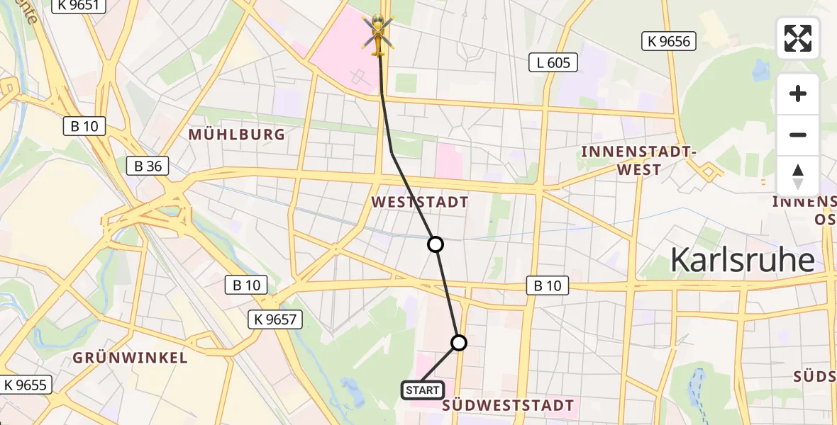 Flugroute Rettungshubschrauber Sankt Vincentius Hospital - Karlsruhe, 08 Mai 2026, 15:02