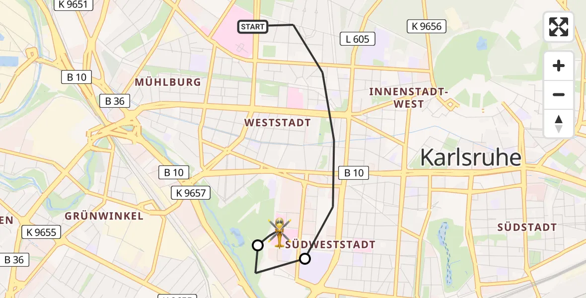 Flugroute Rettungshubschrauber Karlsruhe - Sankt Vincentius Hospital, 08 Mai 2026, 15:02