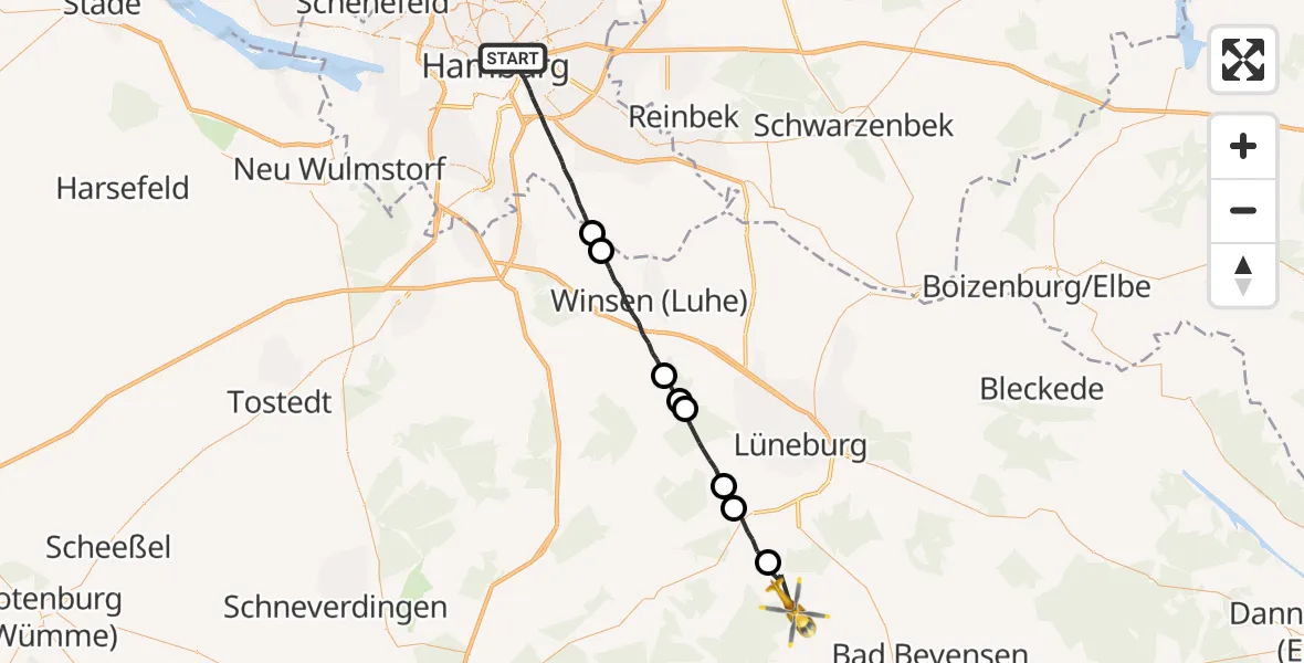 Flugroute Rettungshubschrauber Hamburg - Bienenbüttel, 08 Mai 2026, 15:22