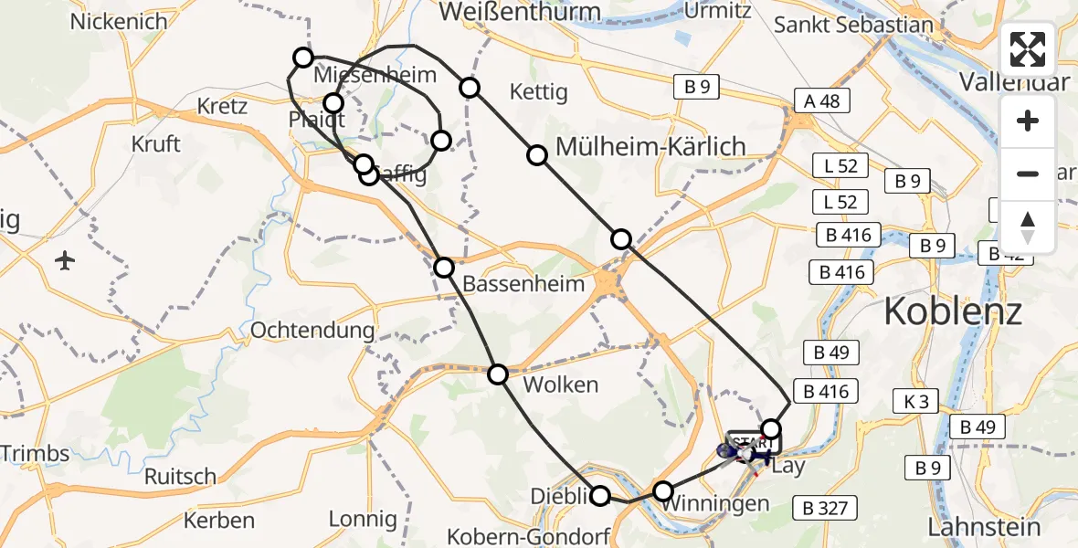 Flugroute Polizeihubschrauber Koblenz-Winningen Flugplatz - Koblenz-Winningen Flugplatz, 08 Mai 2026, 15:24