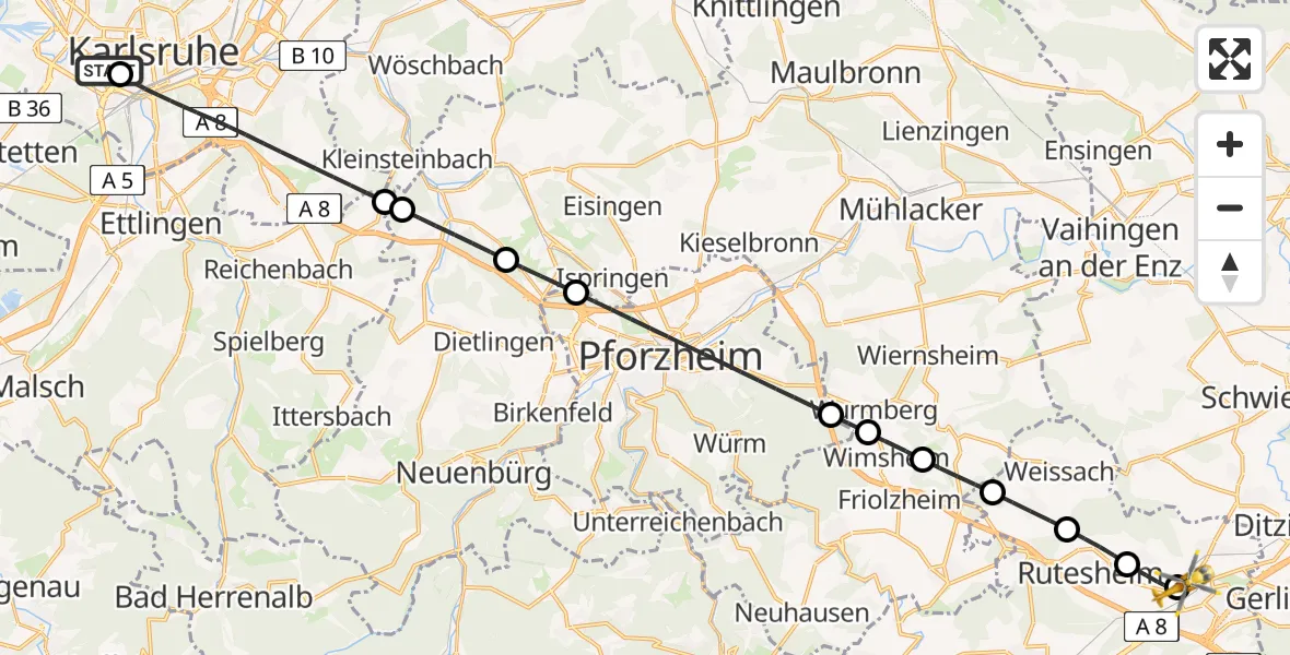 Flugroute Rettungshubschrauber Sankt Vincentius Hospital - Leonberg Hospital, 08 Mai 2026, 15:25