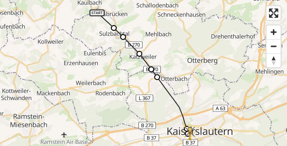 Flugroute Rettungshubschrauber Frankelbach - Westpfalz Hospital Kaiserslautern, 08 Mai 2026, 15:28