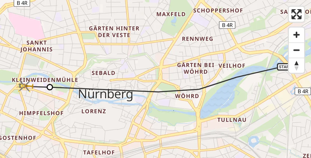 Flugroute Rettungshubschrauber Nürnberg - Deutschherrnwiese Hubschrauberlandeplatz, 08 Mai 2026, 15:34
