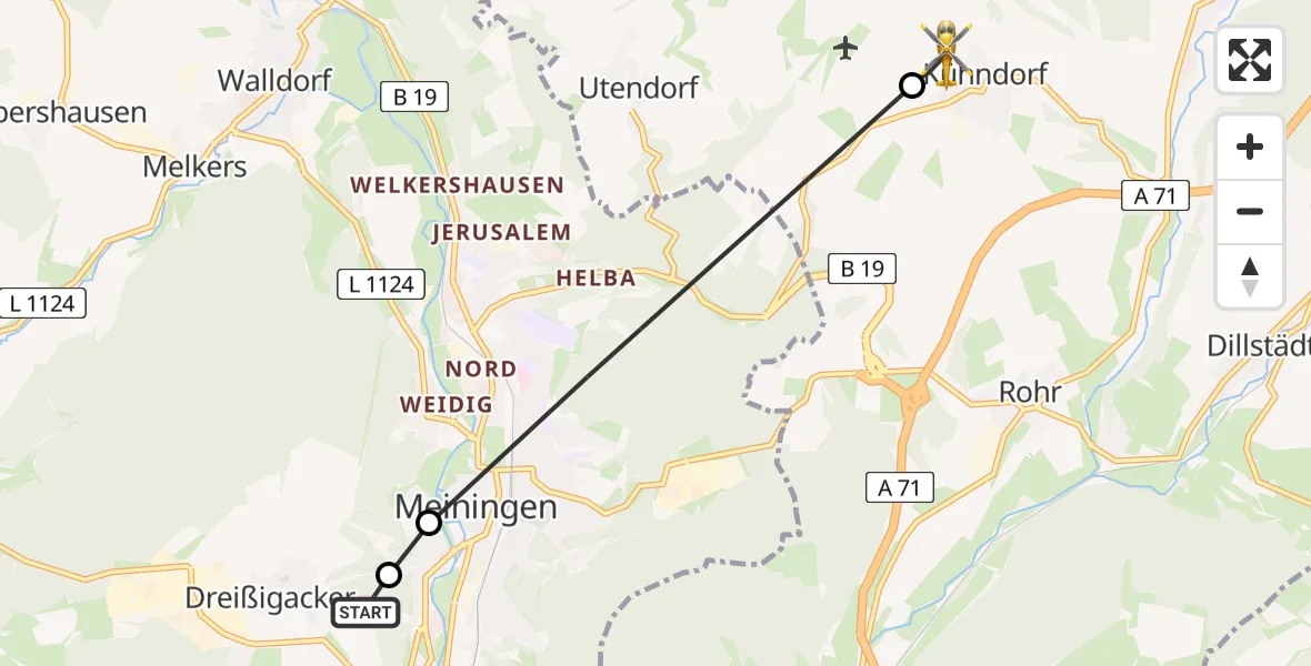 Flugroute Ambulanzhubschrauber Helios Clinic Meiningen - Kühndorf, 08 Mai 2026, 15:36