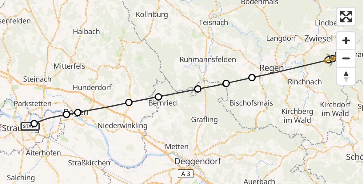 Flugroute Rettungshubschrauber Sankt Elisabeth Hospital Straubing - Frauenau, 08 Mai 2026, 15:40