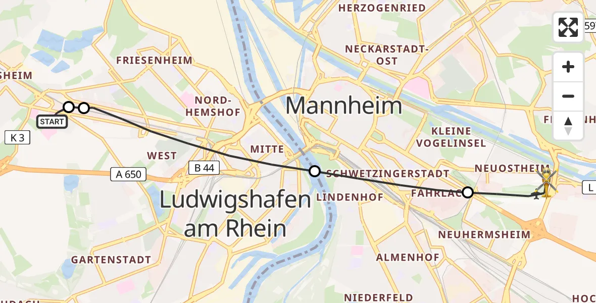Flugroute Rettungshubschrauber Ludwigshafen Accident Hospital - Mannheim-City Flughafen, 08 Mai 2026, 15:40