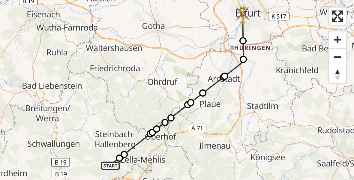 Flugroute Ambulanzhubschrauber Steinbach-Hallenberg - Erfurt, 08 Mai 2026, 15:43