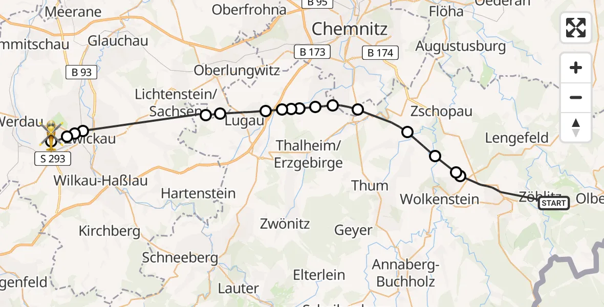 Flugroute Rettungshubschrauber Marienberg - ADAC Air Rescue Station Zwickau Hubschrauberlandeplatz, 08 Mai 2026, 15:44