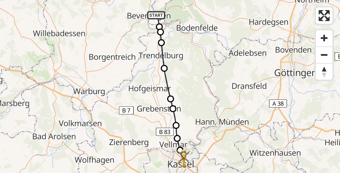 Flugroute Rettungshubschrauber Lauenförde - Kassel, 08 Mai 2026, 15:47