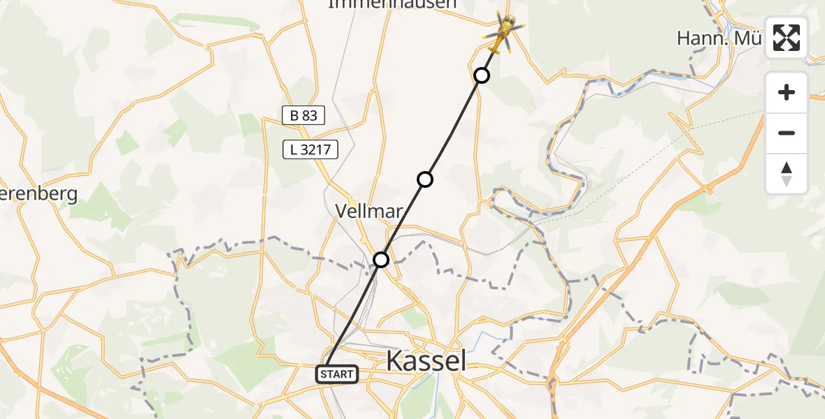 Flugroute Rettungshubschrauber Kassel - Immenhausen, 08 Mai 2026, 15:53
